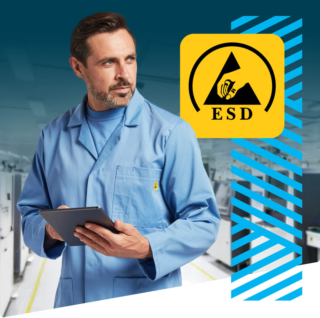 Trabajador con ropa laboral Portwest ESD y icono de ESD al lado. Trabajador con ropa laboral Portwest ESD y icono de ESD al lado.