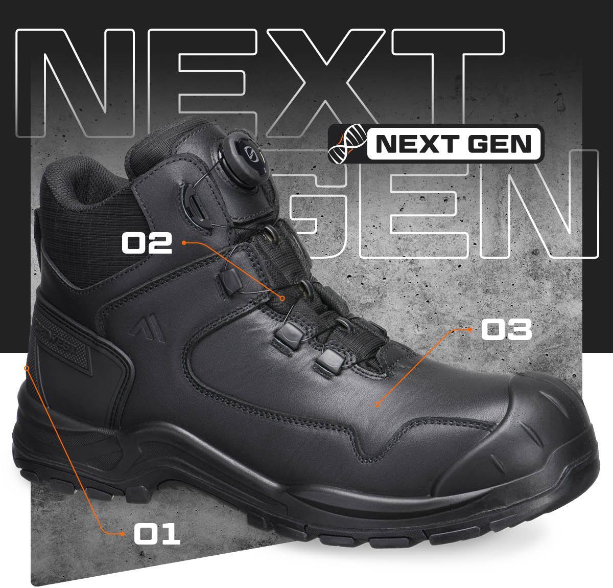 Botín FC38 Composite Leather Ankle S3S HRO SR FO SC con el logotipo NEXT GEN. Botín FC38 Composite Leather Ankle S3S HRO SR FO SC con el logotipo NEXT GEN.